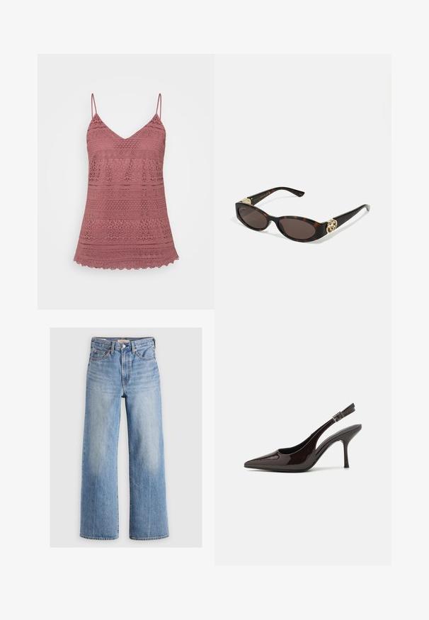 Camisola de renda rosa com alças spaghetti ajustáveis, apresentando um decote em V e bainha rendada. Padrões intrincados por todo o tecido.; Calças de ganga largas de denim azul claro com uma cintura alta, áreas desbotadas, cinco bolsos e costura em contraste. Fecho clássico com botão e zíper.; Sapato de salto alto tipo slingback em verniz castanho escuro brilhante, com bico apontado, laterais abertas e tira ajustável ao tornozelo.; Óculos de sol de tartaruga com lentes ovais alongadas, tom castanho, acentos de logotipo dourado nas hastes e hastes pretas elegantes.