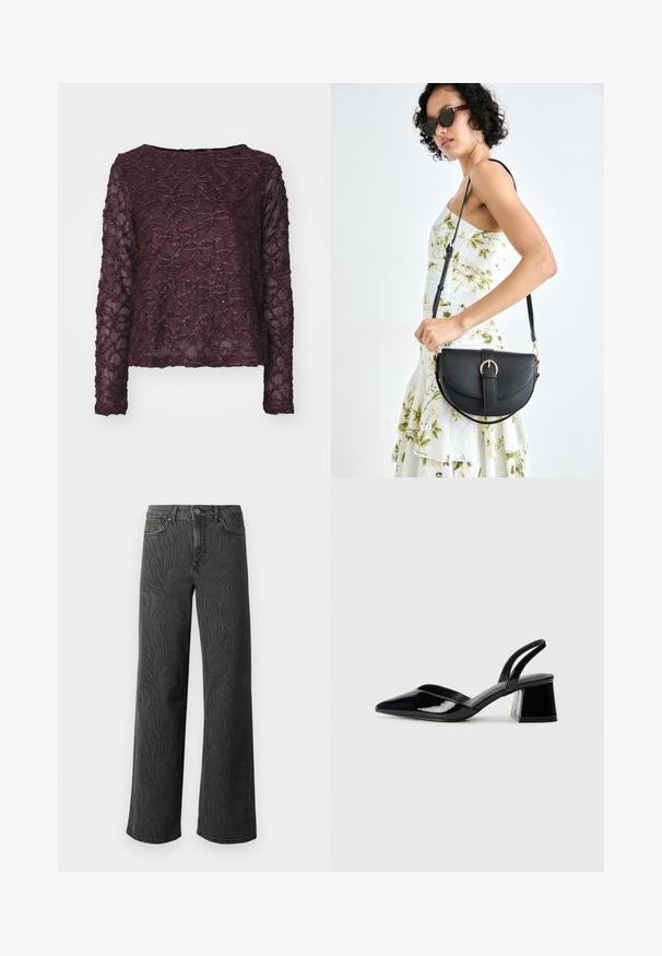 Dlhý rukáv priesvitný top v hlbokej purpurovej farbe, ktorý sa vyznačuje textúrovaným vzorom so žiarivými akcentmi. Priamy lem a široký výstrih.; Džínsy so širokými nohavicami v tmavošedej denime, s jemnou textúrou v zebrovom vzore, kontrastným prešívaním a dizajnom s piatimi vreckami a gombíkovým zapínaním.; Čierne lakované kožené sandálové podpätky s špicatou špičkou a geometrickým blokovým podpätkom. Disponujú elegantným, minimalistickým dizajnom a hladkým povrchom.; Čierna kožená kabelka s zaobleným tvarom, odnímateľným popruhom a zlatými doplnkami. Kabelka má klopu s detailom s prackou.