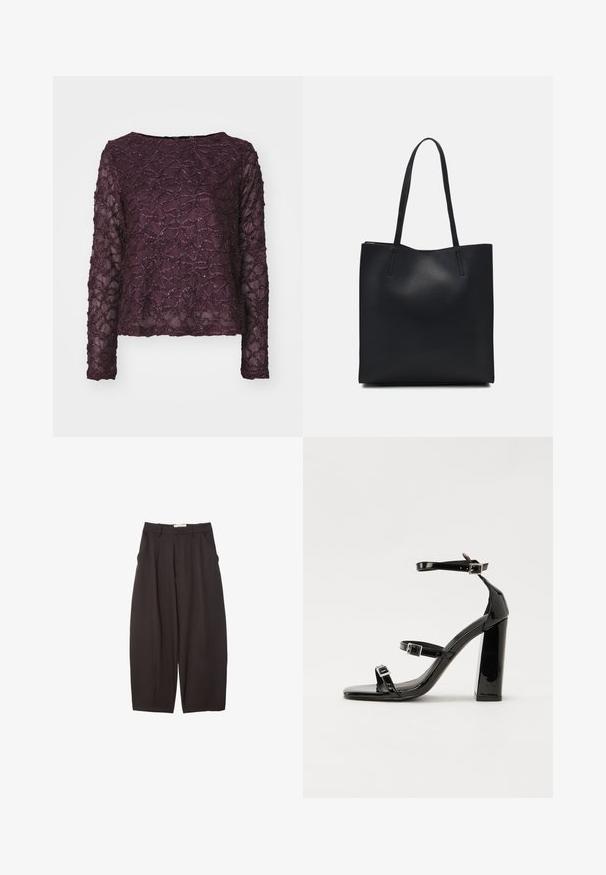 Tunika dugih rukava prozirne tkanine u tamnoljubičastoj boji, s teksturiranim uzorkom i sjajnim detaljima. Ravni rub i široki izrez.; Crne široke hlače napravljene od glatke tkanine, s visokim strukom, prednjim nabranjima i bočnim džepovima. Jednostavan dizajn bez ukrasa.; Crne lakirane sandale na pete sa kvadratnim nosom, trakama oko gležnja i srebrnim kopčama. Imaju čvrst blok petu za stabilnost.; Crna kožna torba za nošenje s glatkom teksturom, pravokutnim oblikom i dvije duge ručke. Nema vidljivih metalnih dijelova ili ukrasa.