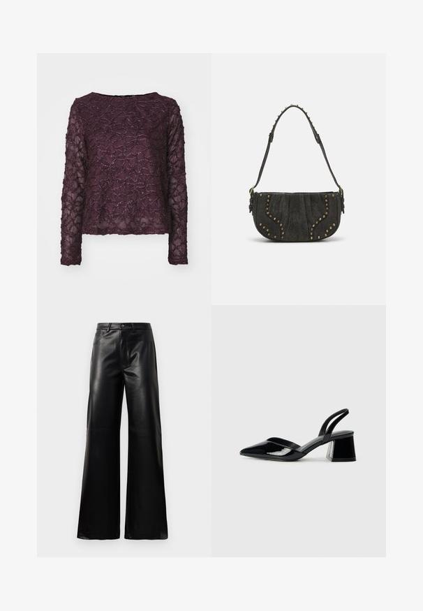 Długi, przezroczysty top z rękawami w ciemnym purpurowym kolorze, z teksturowanym wzorem z błyszczącymi akcentami. Prosty dół i szeroki dekolt.; Czarne, wysokie na talii, szerokie spodnie z sztucznej skóry z guzikami z przodu, zapięciem na zamek, szlufkami na pasek i bocznymi kieszeniami na białym tle.; Czarne lakierowane półbuty na obcasie z wydłużonym noskiem i geometrycznym słupkiem. Charakteryzują się eleganckim, minimalistycznym designem oraz gładką fakturą.; Czarna skórzana torebka z zaokrąglonym kształtem, z elementami nitowymi i teksturowaną powierzchnią. Regulowany pasek z detalami w postaci ćwieków wzdłuż brzegu.