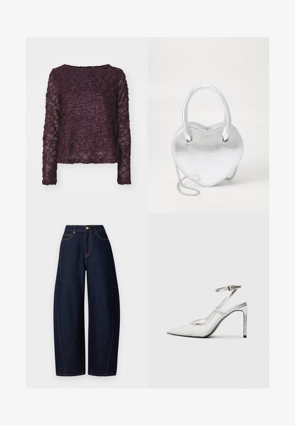 Långärmad genomskinlig topp i djup lila, med ett texturerat mönster och glittrande accenter. Rak fåll och vid halsringning.; Breda ben mörkblå denimbyxor med kontrasterande orange sömmar, fem fickor och en knapp- och dragkedjestängning i midjan.; Genomskinlig stilettklackssko med spetsig tå, transparent material, metalliska silverdetaljer och justerbar ankelrem.; Silverfärgad metallic handväska i hjärtform med dubbla handtag, kedjesnodd och slät yta. Har metalldetaljer och sydda kanter.