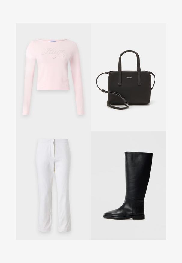 Langärmliges, pinkes Baumwolloberteil mit Rundhalsausschnitt und metallischem "Hugo"-Textdesign mit subtilen Funkeln auf der Vorderseite.; Weiße Baumwollhose mit geradem Bein, mittelhoher Taille und ohne sichtbare Beschläge oder Muster. Glatte Textur auf der gesamten Fläche.; Schwarze Lederstiefel bis zum Knie mit runder Zehenform, glatter Textur, minimalistischem Design und flacher Sohle. Einfache Nahtdetails am Schaft.; Schwarze Handtasche mit zwei kurzen, doppelt geflochtenen Griffen und einem abnehmbaren Schulterriemen. Glattes, lederähnliches Material mit einem Reißverschluss und Logodetail.