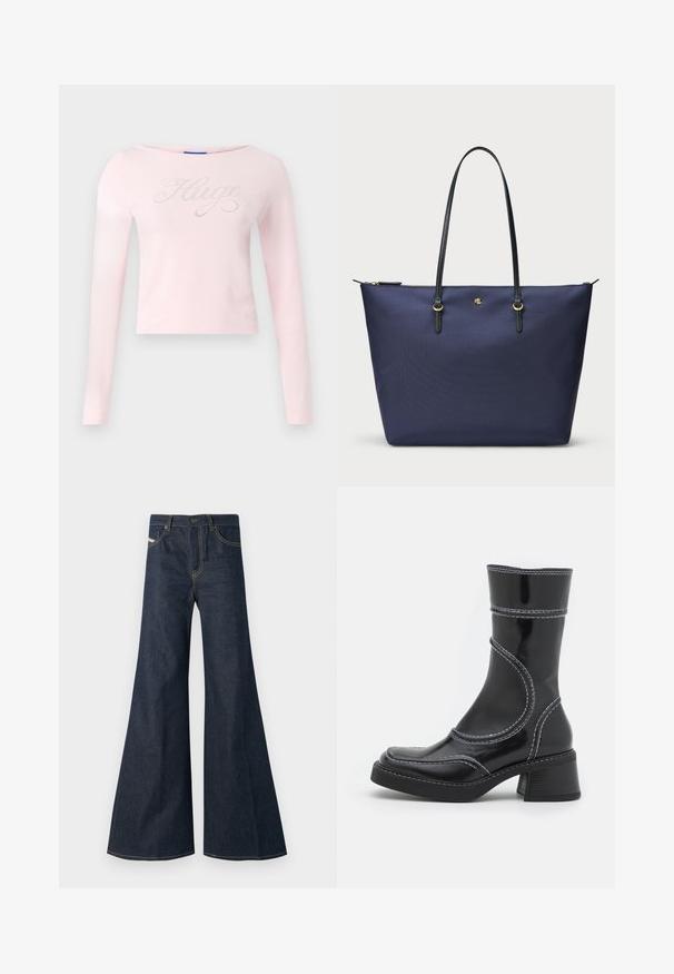 Rosa bomba majica s dolgimi rokavi iz bombaža z okroglo ovratnikom in metalnim napisom "Hugo" z nežnimi bleščicami po sprednji strani.; Temno modri široki jeans iz denima, z visokim pasom, z zlatimi niti in dvema sprednjima žepoma z gumbom.; Črne lakirane gležnjarje z belim šivom, okroglo konico in blok peto. Imajo ukrivljene oblikovne črte in gladko teksturo.; Torbica v navy modri barvi, izdelana iz teksturirane tkanine, z ročaji iz črne usnje in zlatimi detajli. Zadrga na vrhu.