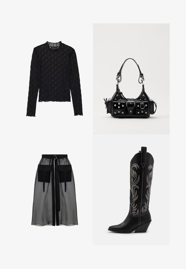 Juodas ilgomis rankovėmis viršus su permatomu grublėtu tekstūru, su raukšlėta apykakle ir trumpu hemline.; Juoda permatoma sijonas su surinkta liemene, dviem didelėm priekinėm kišenėm, liemens raišteliu ir apvaliu metaliniu akcentu.; Juodi oda kaubojiški batai su smailiu nosiu, stulpeliu ir sidabriniais siuvinėti gėlių raštais palei šoną. Kontrastingas siuvinėjimas visoje bato dalyje.; Juodas odinis rankinukas su kreiviu dizainu, su sidabro spalvos knopkėmis, užsegimu ir dviem šoninėmis kišenėmis. Reguliuojama dirželis nešimui.