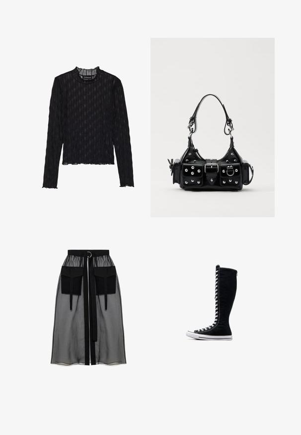 Juodas ilgomis rankovėmis viršus su permatomu grublėtu tekstūru, su raukšlėta apykakle ir trumpu hemline.; Juoda permatoma sijonas su surinkta liemene, dviem didelėm priekinėm kišenėm, liemens raišteliu ir apvaliu metaliniu akcentu.; Juodos aukštos sportinės bateliai su aukštu dizainu, pagaminti iš kanvo. Su baltais raišteliais, siūlėmis ir guminėmis padais su pirštų kepurėle.; Juodas odinis rankinukas su kreiviu dizainu, su sidabro spalvos knopkėmis, užsegimu ir dviem šoninėmis kišenėmis. Reguliuojama dirželis nešimui.