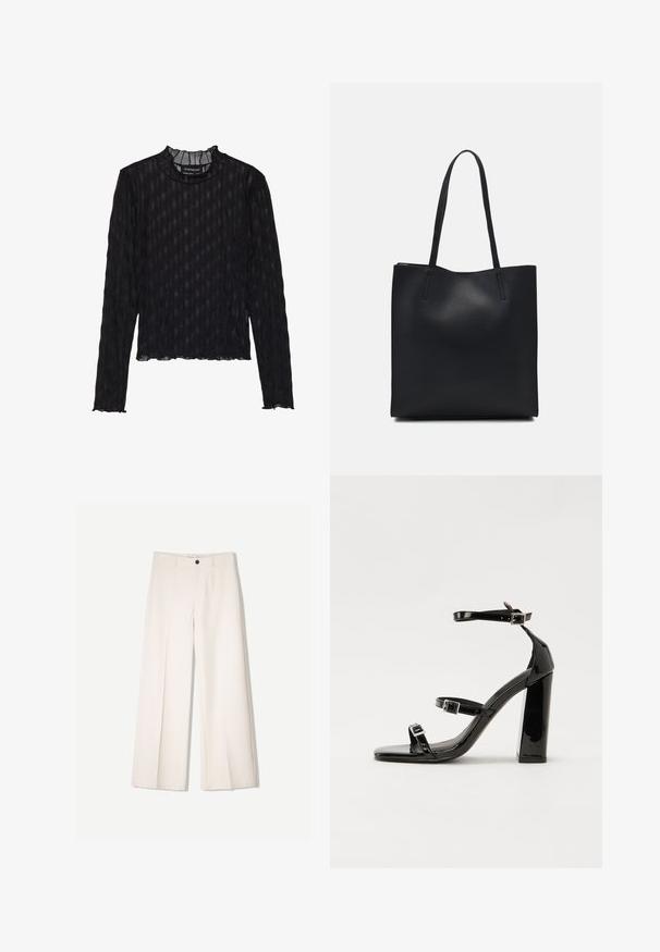 Schwarzes Langarmoberteil mit transparenter gerippter Struktur, versehen mit einem Rüschen-Mock-Neck und einem kurzen Saum.; Cremfarbene weitem Hosen mit maßgeschneidertem Design, ausgestattet mit zwei vorderen Taschen und einem vorderen Knopfverschluss, aus glattem Stoff gefertigt.; Schwarze patentierte Sandalen mit Absatz, quadratischer Spitze, Knöchelriemen und silbernen Schnallen. Mit einem stabilen Blockabsatz für mehr Stabilität.; Schwarze Laptoptasche aus Leder mit glatter Textur, rechteckiger Form und zwei langen Griffen. Keine sichtbaren Beschläge oder Verzierungen.