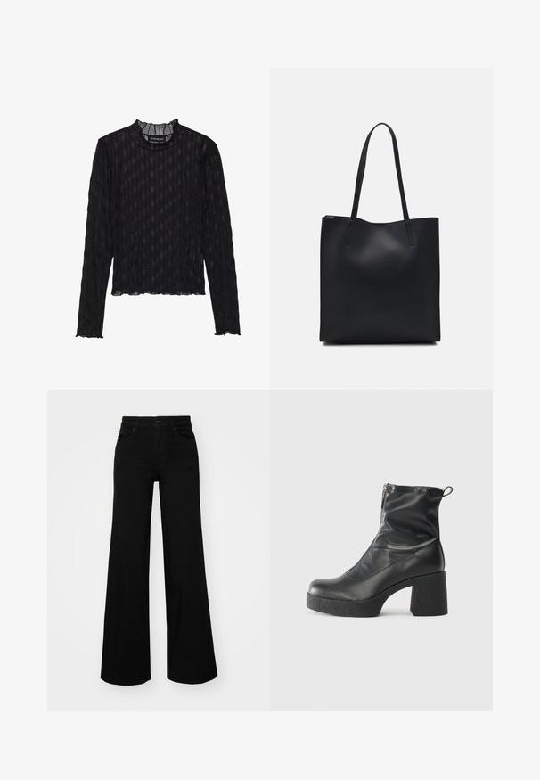 Juodas ilgomis rankovėmis viršus su permatomu grublėtu tekstūru, su raukšlėta apykakle ir trumpu hemline.; Juodos plačios kelnės iš denimo, turinčios struktūruotą juosmenį, diržo kilpas ir priekines kišenes. Lygus paviršius su klasikinio dizaino elementais.; Juodos kulkšninių botai, pagaminti iš lygaus odos, su šoniniu užtrauktuku, masyviu tekstūruotu kulnu ir apvaliu pirštu.; Juodas odinis tote krepšys su lygia tekstūra, stačiakampio formos ir dviem ilgais rankenomis. Matomų metalinių detalių ar puošybos nėra.