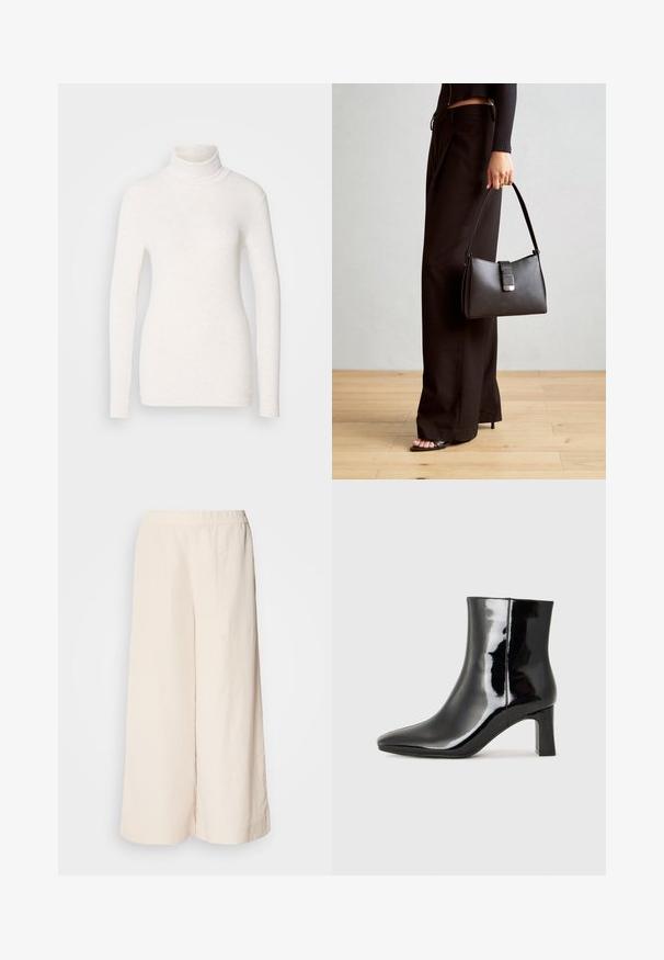 White long-sleeve turtleneck top made from a textured, soft fabric. Features a fitted design and a high neck for warmth.; Cream wide-leg trousers with an elastic waistband, featuring a relaxed fit and smooth texture, suitable for casual wear.; Black patent leather ankle boot with a pointed toe and a mid-height block heel. Smooth texture and minimalist design.; Black handbag with structured shape, smooth texture, and a metallic clasp. Paired with wide black pants and open-toe sandals on wooden floor.