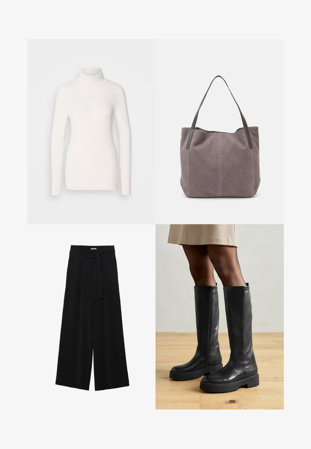 Bela dolgopalčna majica s turtleneck ovratnikom, izdelana iz teksturiranega, mehkega blaga. Ima prilegajočo zasnovo in visok ovratnik za dodatno toploto.; Črne široke hlače iz teksturirane tkanine, z elastičnim pasom in odstranljivim trakom na pasu za prilagodljivo prileganje.; Črne usnjene škornje do kolen z gladko teksturo, ki imajo debel gumijast podplat in stranski zadrgo za enostavno obuvanje.; Siva semiš torba z dvema temnima usnjenima ročajema. Ima šivane detajle na straneh, mehak tekstur in prostoren odprtina.