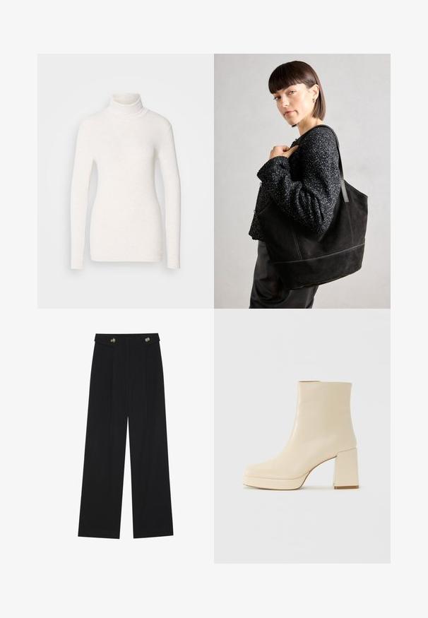 White long-sleeve turtleneck top made from a textured, soft fabric. Features a fitted design and a high neck for warmth.; Black wide-leg trousers with high waist, button details on waistband, and front pleats.; Beige leather ankle boot with block heel and platform sole, smooth finish, and slightly squared toe facing left on white background.; Black suede tote bag with a smooth texture, structured shape, and contrasting stitching. Features long straps for shoulder carry.