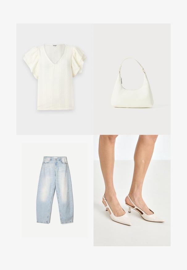 Weiße Bluse mit kurzen, rüschengesäumten Ärmeln, V-Ausschnitt und vertikalen Strukturstreifen. Leichter Stoff mit einem subtilen, sanften Glanz.; Weißes Hemd mit klassischem Kragen, langen Ärmeln und lockerer Passform. Hergestellt aus leichtem Stoff mit glatter Textur.; Hellblaue Jeans aus Denim mit lockerer Passform, im ausgewaschenen Finish, zwei Fronttaschen und einem Knopfverschluss am Bund.; Beige Lackleder Slingback-Absätze mit spitzem Fuß und 5 cm Absatz, mit ausgeschnittenen Seiten und einem schmalen Knöchelriemen.; Kleine weiße Schultertasche mit einem verstellbaren Tragegurt und einem Reißverschluss, vor einem schlichten weißen Hintergrund.