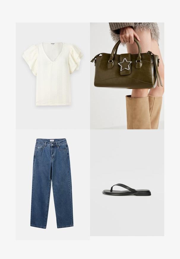 Valge pluus lühikeste rippuvate varrukatega, V-kujuline kaelus ja vertikaalsed tekstuurilised triibud. Kerge kangas, millel on pehme, õrn läige.; Klassikalised sinised denimists teksad otsejalaga disainiga, viie taskuga ja nööbisuletusega. Omab keskmist pesu ja tugevat tekstuuri.; Musta sussumood, mis on valmistatud siledast nahast. Sellel on õhuke rihma disain ja lame tald minimaalsete joontega. Mingeid silmatorkavaid mustreid või aktsente ei ole.; Oliivroheline kunstnahast käekott koos hõbedase tähe aktsendiga, kahe käepideme ja luku sulgemisega. Tekstuuriga pind ja struktureeritud kuju.