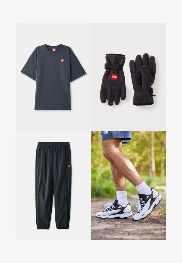 Donker marineblauw T-shirt met korte mouwen, gemaakt van katoen, met een rood logo-embleem op de linkerborst en een klassieke ronde hals.; Zwarte lichtgewicht broek van synthetisch materiaal, met een elastische tailleband, ritszakken aan de zijkanten en een klein rood logo-opdruk.; Zwart-witte sportschoenen met een mesh bovenkant, tekstuuraccenten en witte veters. Draag gedragen met witte enkelsokken en marineblauwe shorts op een pad.; Fleece handschoenen in donkergrijs met een gestructureerde afwerking. Beschikt over verstelbare riemen en een zwarte versterkte palm. Merklogo in het rood.