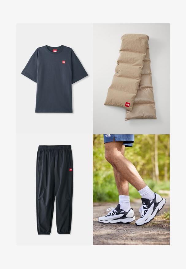 Donker marineblauw T-shirt met korte mouwen, gemaakt van katoen, met een rood logo-embleem op de linkerborst en een klassieke ronde hals.; Zwarte lichtgewicht broek van synthetisch materiaal, met een elastische tailleband, ritszakken aan de zijkanten en een klein rood logo-opdruk.; Zwart-witte sportschoenen met een mesh bovenkant, tekstuuraccenten en witte veters. Draag gedragen met witte enkelsokken en marineblauwe shorts op een pad.; Beige puffer sjaal met een getextureerde buitenkant, bestaat uit gewatteerde secties en heeft een rood logo label aan de onderrand.