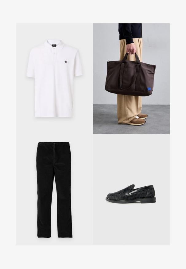 Polo alb din bumbac, cu un guler clasic, placket cu două butoane și un mic logo cu zebra multicolor pe piept.; Pantaloni din catifea negri, drepti, cu talie elastică și șnur în față, expuși pe un fundal alb simplu.; Pantofii negri din material textil, cu accent din piele netedă pe partea superioară, design cu vârf rotund și talpă din cauciuc de profil redus.; Geantă tote din nailon maro cu două mânere, închidere cu fermoar și o aplicație logo albastră. Textură netedă, design structurat, interior spațios.