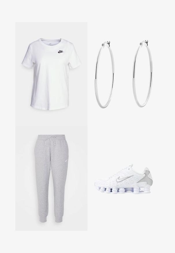 Witte katoenen t-shirt met een ronde halslijn en korte mouwen. Bevat een zwart Nike-logo op de bovenlinker borst.; Lichtgrijze sweatpants met een trekkoord bij de taille, taps toelopende benen en een klein wit logo op de linkerdij. Gemaakt van een zachte, gestructureerde stof.; Witte sportieve schoenen met een bovenwerk van mesh, zilveren accenten en een unieke spiraalzoolontwerp. Voorzien van een gevoerd kraag en vetersluiting voor een goede pasvorm.; Zilveren oorringen met een gladde, gepolijste oppervlakte en een dunne, ronde vorm. Het ontwerp heeft een veilige sluiting.