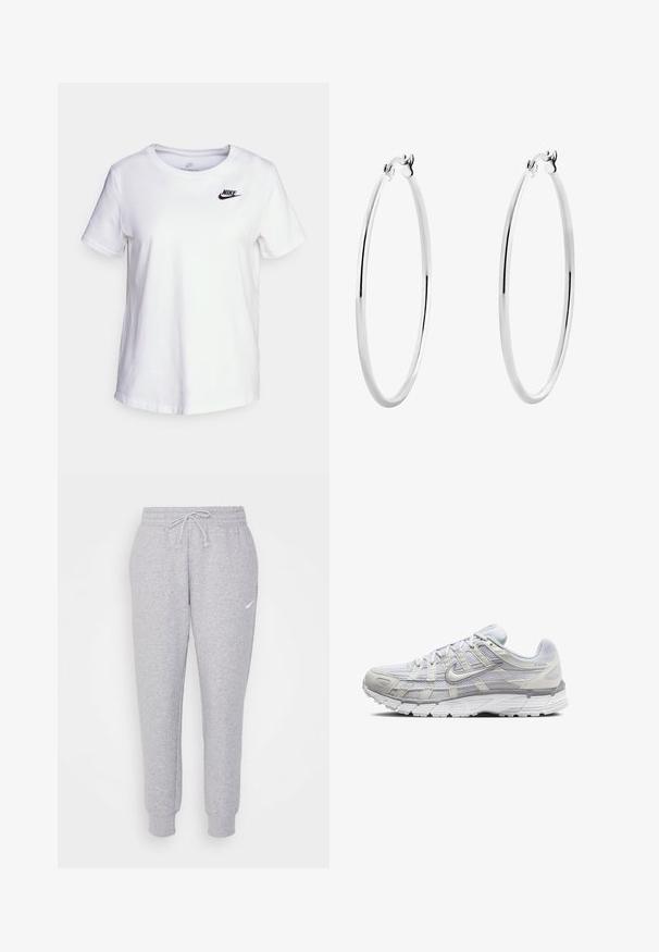 Biała bawełniana koszulka z okrągłym dekoltem i krótkimi rękawami. Na górnej lewej części klatki piersiowej znajduje się czarne logo Nike.; Jasnoszare dresy z regulowanym pasem, zwężanymi nogawkami i małym białym logo na lewej udzie. Wykonane z miękkiego, teksturowanego materiału.; Jasnoszare buty sportowe z siateczkowym i syntetycznym wierzchem, wyposażone w sznurowanie, wyściełany kołnierz oraz teksturowaną podeszwę zapewniającą przyczepność.; Srebrne kolczyki koła o gładkim, polerowanym wykończeniu i bezszwowym designie, z zaokrąglonymi krawędziami i bezpiecznym zapięciem.