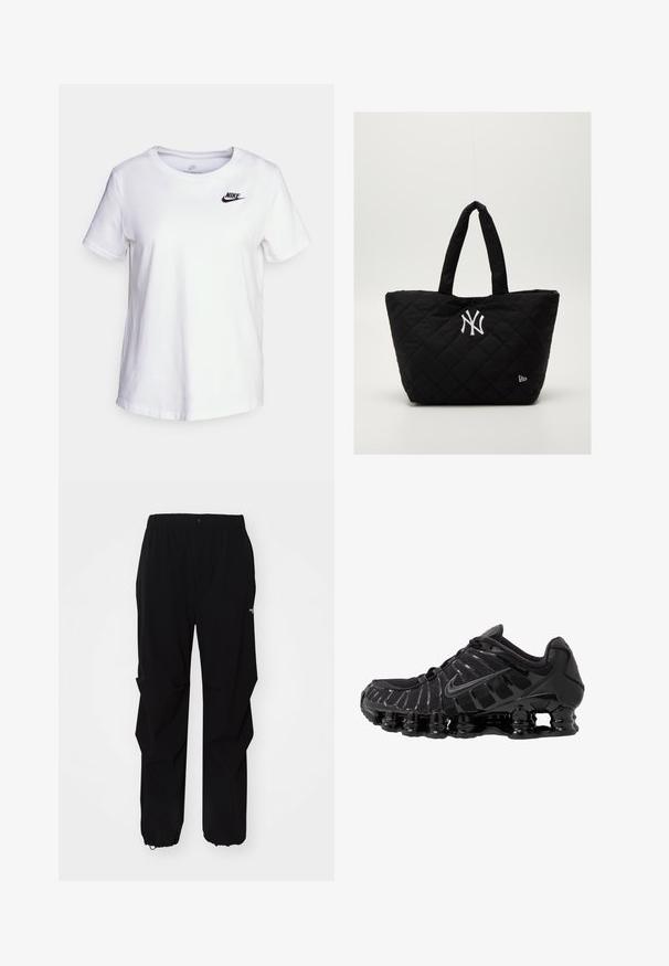 Biała bawełniana koszulka z okrągłym dekoltem i krótkimi rękawami. Na górnej lewej części klatki piersiowej znajduje się czarne logo Nike.; Czarne spodnie na świeżym powietrzu wykonane z wytrzymałego materiału, z luźnym krojem, elastycznym pasem i ściągaczami przy mankietach, umożliwiającymi regulację długości.; Czarne buty sportowe z siateczkową cholewką i połyskującymi detalami. Posiadają wyprofilowane poduszki pod nogami i teksturowane linie po boku. Widoczna logo Nike.; Kwiatowa czarna torba na ramię z podwójnymi uchwytami, z białym logo New York Yankees i małym emblematem marki z boku.