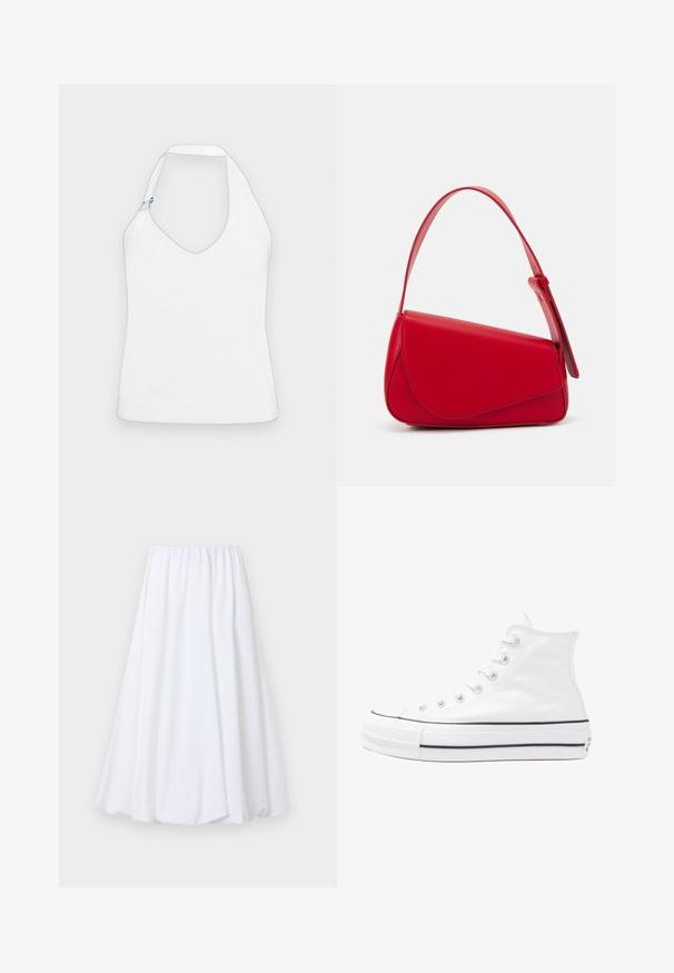 Balti halter top ar dziļu V veida kakla izgriezumu, unikālu plecu dizainu ar zelta un zila metāla akcentiem, kā arī gludu, mīkstu tekstūru.; Balta līdz potītei garā svārki ar elastīgu jostasvietu, izgatavoti no viegla auduma ar gludu tekstūru un plūstošu siluetu.; Balti augstie kanvas sporta apavi ar melnu gumijas zoli, priekšējo gumijas purngalu un sešām acīm lencēm, kuriem ir tīrs, minimālistisks dizains.; Sarkans ādas rokassomi ar stūrainu, ģeometrisku dizainu. Iekļauj vienu regulējamu siksnu un vāku ar izšūtu detaļu.