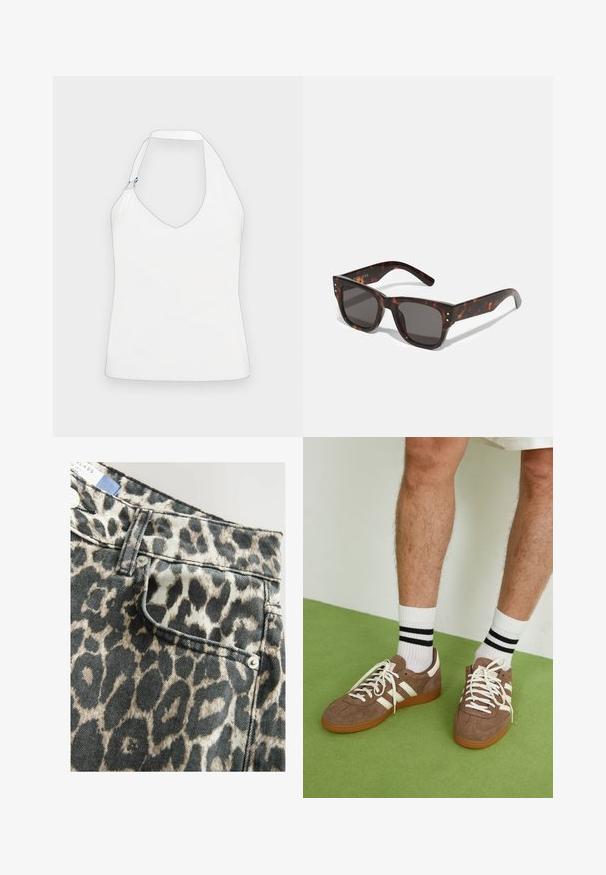Bílý top na zavazování za krkem s hlubokým výstřihem do V, jedinečným designem ramínek s pozlacenými a modrými kovovými detaily a hladkým, jemným materiálem.; Džínové šortky s leopardím potiskem a strukturovaným pasem, přední kapsa, černobéžová barevná kombinace, doplněné stříbrným knoflíkem.; Hnědé semišové tenisky s bílými akcenty a tkaničkami. Gumová podrážka. Nošeny s bílými ponožkami s černými pruhy. Zelená strukturovaná podlaha.; Tortoise shell sluneční brýle s tmavými čočkami, čtvercovým rámečkem a stříbrnými ozdobnými nýty na přední straně. Vyrobeny z plastu, lehké a odolné.; Hnědá pletená kožená kabelka s uvolněným trojúhelníkovým tvarem. Disponuje spleteným uchem a zipovým uzavíráním na vrchu.