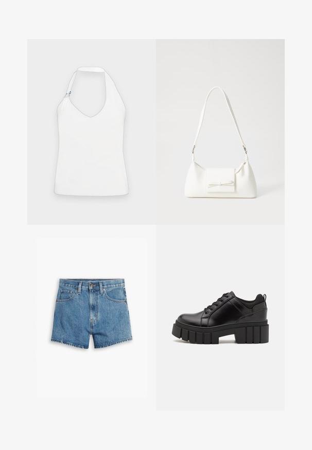Weißes Halftertop mit tiefem V-Ausschnitt, einem einzigartigen Schulterdesign mit goldenen und blauen Hardware-Akzenten sowie einer glatten, weichen Textur.; Hellblaue Denim-Shorts mit fünf Taschen, einem Reißverschluss und einem Knopfverschluss. Der Saum ist fransig und das Design bietet eine lässige Passform.; Schwarze Lederplateauschuhe mit klobigem Blockabsatz, runder Zehenpartie und traditionellem Schnürdesign. Verfügt über eine glatte Textur und minimale Details.; Weiße synthetische Handtasche in dreieckiger Form, flache Vorderklappe und Schleifendetail, verstellbarer Trageriemen, glatte Textur und minimalistisches Design.