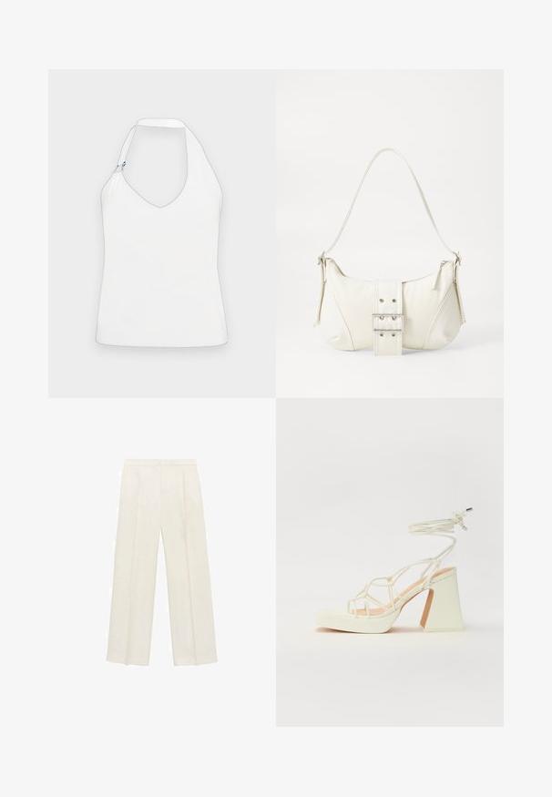 Hvid halterneck-top med en dyb V-udskæring, et unikt skulderdesign med guld- og blå hardwaredetaljer og en glat, blød tekstur.; Bredbenede bukser i en lys cremefarve. Fremstillet af et glat stof med plisseringer foran og sidelommer.; Hvide højhælede sandaler med en kraftig hæl, der har et stropdesign og ankelbinding. Glat tekstur med en platform foran for ekstra højde.; Hvid skuldertaske med en tekstureret overflade, et centralt spænde og en buet form. Lynlåslukninger på begge sider.
