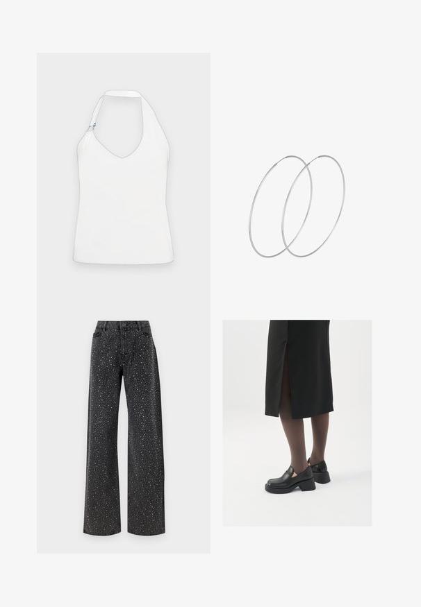 Top halter blanco con un profundo escote en V, un diseño de hombros único con detalles en dorado y azul, y una textura suave y lisa.; Noisy May NMJANNEL LOOSE - Vaqueros boyfriend - black denim; Zapatos de piel negra con punta redondeada, tacón grueso y bloque, y acentos elásticos en los laterales, combinados con unos pantys oscuros y una falda negra con una abertura.; Pendientes de aro plateados con un diseño minimalista. Forma circular, textura suave y perfil delgado. Livianos con un acabado pulido.