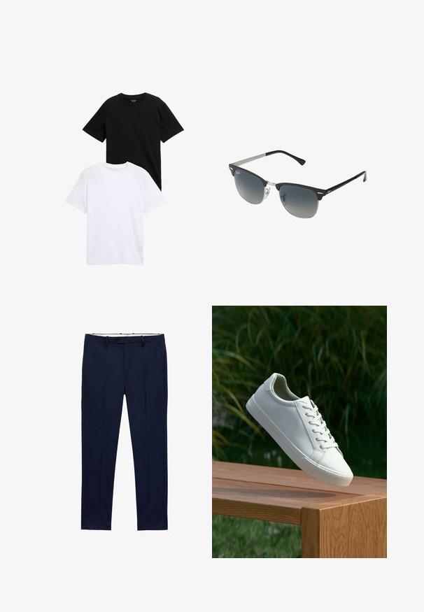 Tricouri cu mânecă scurtă din bumbac negru și alb, prezentând un design cu gât rotund și o textură netedă. Ambele tricouri sunt expuse una peste alta.; Pantaloni bleumarin cu croială slim și model cu dungi. Au fermoar, bucle pentru curea și buzunare frontale. Textură de țesătură netedă.; Adidași albi cu șireturi, suspendați deasupra unei bănci din lemn, având în fundal frunze verzi, evidențiind designul și textura încălțămintei.; Ochelari de soare negri și argintii cu o formă cat-eye, lentile cu gradient și accente metalice pe ramă. Brațe din plastic cu vârfuri gri.