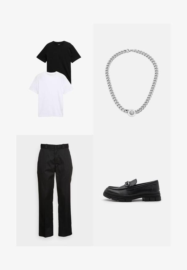 Kurzärmlige T-Shirts aus schwarzer und weißer Baumwolle, mit Rundhalsausschnitt und einer glatten Textur. Beide Shirts sind übereinander gestapelt präsentiert.; Schwarze Hose aus einem glatten Stoff, mit einem geraden Bein Design, Gürtelschlaufen und zwei Seiten Taschen. Klassischer Look ohne Verzierungen.; Schwarzer Lederloafer mit runder Zehenform, einem dekorativen Riemen und Hardware sowie einer robusten, strukturierten Sohle. Glatte Oberfläche mit dezenten Details.; Silberne Halskette mit dicken Gliedern und einem zentralen runden Anhänger mit filigranen Details. Glatte, reflektierende Metalloberfläche.
