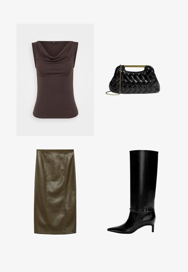Hnědý tílko bez rukávů s volným límcem, vyrobené z jemného materiálu. Hladký povrch s přiléhavým střihem a bez viditelného kování.; Sukně v olivově zelené barvě z umělé kůže s hladkým povrchem, délka po kolena, s vertikálními švy pro přizpůsobený vzhled.; Černá kožená vysoká bota po kolena s špičatou špičkou a malým podpatkem. Obsahuje úzký pásek s kovovou sponou kolem kotníku. Hladký povrch.; Černá tkaná kožená kabelka se zlatým kovovým držadlem a odnímatelným řetízkem. Má lesklý povrch a měkký, zaoblený tvar.