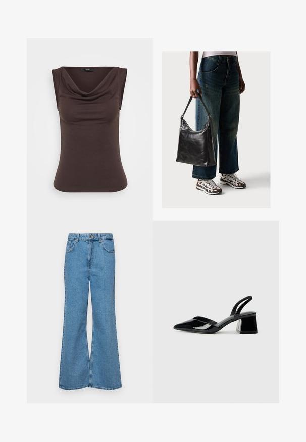 Top sin mangas marrón con un escote drapeado, hecho de una tela suave. Textura lisa con una silueta ajustada y sin hardware visible.; Jeans acampanados de color azul claro hechos de denim, con una cintura alta, cinco bolsillos y un cierre de botón. Textura suave con acabado desgastado.; Zapatos de tacón slingback de charol negro con punta afilada y tacón geométrico en bloque. Presentan un diseño elegante y minimalista, así como una textura suave.; Bolso de hombro de cuero negro con una textura suave y correa ajustable, combinado con jeans de pierna ancha desgatados y zapatillas deportivas.