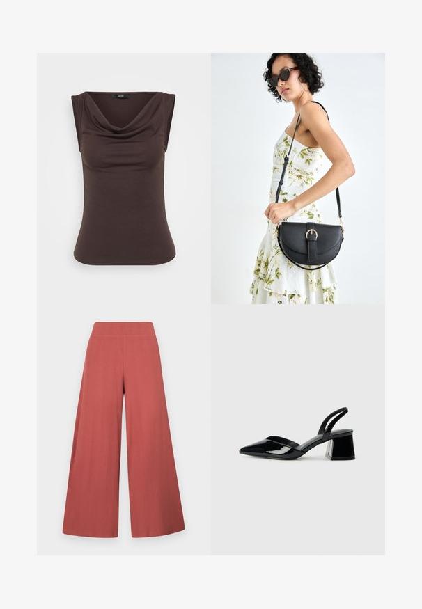 Pruun ilma varrukateta topp, millel on voolav kaelaauk, valmistatud pehmest kangast. Sujuv tekstuur, sobituv siluett ja nähtavaid riideehituse elemente pole.; Laiade lõikega püksid roostekarva, valmistatud tekstuurse vertikaalribadega kangast. Omavad kõrget, elastset vöökohal.; Mustad musta lakknahk kingad, millel on terav varvas ja geomeetriline plokkkonts. Omab elegantselt minimalistlikku disaini ja sujuvat tekstuuri.; Mustmust mustraha kõverate joontega, eemaldatava rihmaga ja kuldsete detailidega. Kotil on klapp, millel on pandladetail.