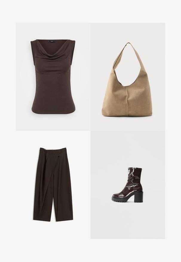 Barna, ujjatlan felső, lágy anyagból készült, amelynek drapírozott cseppkálmán nyaka van. Simaság jellemzi, testhezálló fazonban, látható fémrészek nélkül.; Sötétbarna, bő szárú nadrág magas derékkal, egyetlen gombos záródással és redős elülső résszel. Könnyű anyagból készült.; Fényes bordó bokacsizma vastag fekete sarokkal, sima felülettel és egyszerű dizájnnal. Nincsenek látható zárak vagy minták.; Puha bézs velúr hobo táska laza formával, széles vállpánttal és kézzel varrt varrási részlettel az elején.