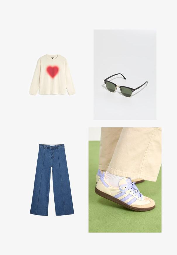 Long-sleeve cream cotton t-shirt featuring a red spray-painted heart design at the center. Crew neck with a relaxed fit and stitched hem.; Wide-leg denim jeans in medium blue, featuring a high waist, button closure, and contrasting vertical seam details along the front.; Cream and lavender sneakers with three stripes and a textured brown sole, featuring laces and a padded heel. Soft fabric upper.; Black and gold sunglasses with green lenses, featuring a cat-eye shape, metallic accents, and a textured frame.