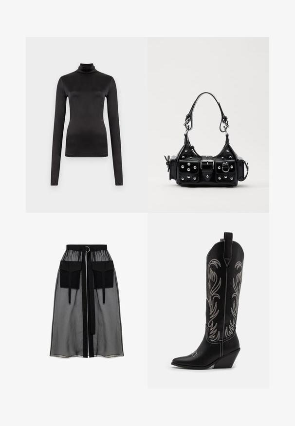 Čierny rolák s dlhým rukávom vyrobený z hladkej, elastickej látky. Priliehavý strih s vysokým golierom bez viditeľných vzorov alebo zdobení.; Čierna priesvitná sukňa s naťahovacím pásom, ktorá má dve veľké predné vrecká, opasok na viazanie a kruhový kovový akcent.; Čierne kožené kovbojské čižmy s špicatými prstami, klinovými podpätkami a striebornými vyšívanými kvetinovými vzormi po celej dĺžke. Kontrastné šitie po celom povrchu.; Čierna kožená kabelka s zakriveným dizajnom, doplnená striebornými cvočkami, prackou a dvoma bočnými vreckami. Nastaviteľný popruh poskytuje rôzne možnosti nosenia.