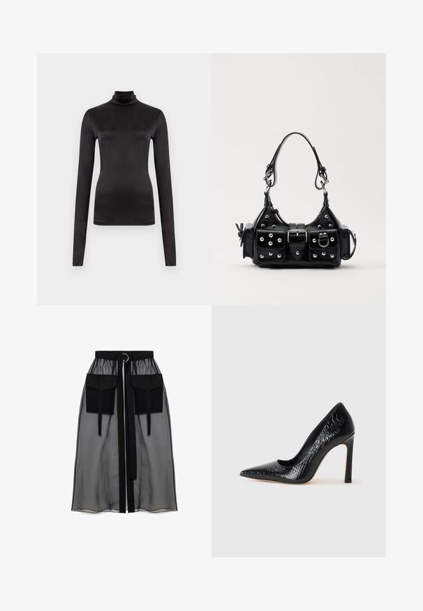 Dugi rukav crni rolak od glatkog, rastezljivog materijala. Prilagođeni kroj s visokim izrezom i bez vidljivih uzoraka ili ukrasa.; Crna prozirna suknja s nabranim pojasom, koja ima dva velika prednja džepa, remen oko struka i okrugli metalni detalj.; Crne visoke potpetice s oštrim prstima, od teksture krokodilske kože, elegantnog dizajna, visoke stiletto potpetice i glatkog crnog unutrašnjosti.; Crna kožna torba s zakrivljenim dizajnom, koja sadrži srebrne zakovice, kopču i dva bočna džepa. Podesiva traka za različite opcije nošenja.