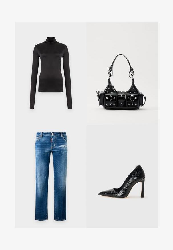 Maglione a maniche lunghe nero con collo alto, realizzato in un tessuto liscio e elasticizzato. Design aderente con collo alto e senza motivi o decorazioni visibili.; Jeans blu slim-fit con leggere sfumature, lieve usura sulla coscia destra e sull'orlo sinistro, tasche anteriori, passanti per cintura e chiusura con bottone.; Scarpa nera con punta a punta alta in pelle di coccodrillo, caratterizzata da un design elegante, alto tacco a spillo e interno nero liscio.; Borsa a mano in pelle nera con design curvo, caratterizzata da borchie argentate, una fibbia e due tasche laterali. Tracolla regolabile per diverse opzioni di trasporto.