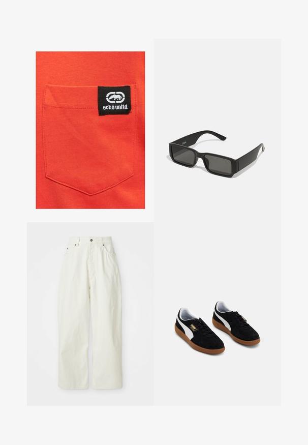 Camisa de algodón roja con un bolsillo bordado y una etiqueta negra que muestra el logo "eckō unlt'd" y un gráfico de logo.; Pantalones anchos blancos de algodón, con una alta cintura, cinco bolsillos y cierre de botón metálico. Textura suave con un diseño minimalista.; Zapatillas de ante negras con una francha lateral blanca, diseño de cordones y suela de goma color caramelo. Detalle del logo dorado en el lateral.; Gafas de sol negras con lentes rectangulares, armazón de plástico mate y bordes rectos. Presentan el logo de la marca en el interior de la patilla.
