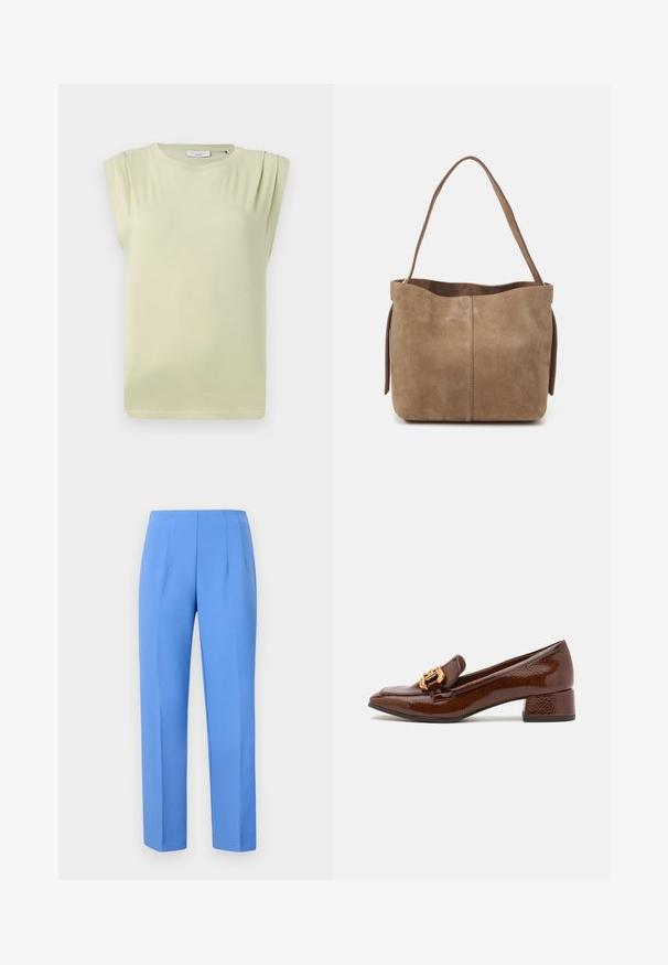 Helles grünes, kurzärmliges Oberteil mit lockerer Passform. Verfügt über dezente Schulterfalten und einen Rundhalskragen. Weicher, glatter Stoff.; Weiße Bluse mit Knopfleiste, gerafftem Kragen, vertikalen Streifen und strukturiertem Stoff. Mit elastischen Puffärmeln und Spitzenbesatz.; Blaue, maßgeschneiderte Hosen aus glattem Stoff mit seitlichen Falten, geradem Schnitt und einem schlichten Bund. Keine sichtbaren Beschläge oder Muster.; Braune Lederloafers mit glänzender Oberfläche, ausgestattet mit einer dekorativen goldenen Schnalle an der Vorderseite und einem niedrigen Blockabsatz. Klassisches Design.; Braune Wildleder-Tote mit weicher Textur, offenem Oberteil und einem einzelnen Schulterriemen. Verfügt über eine glatte Oberfläche und minimale Details.