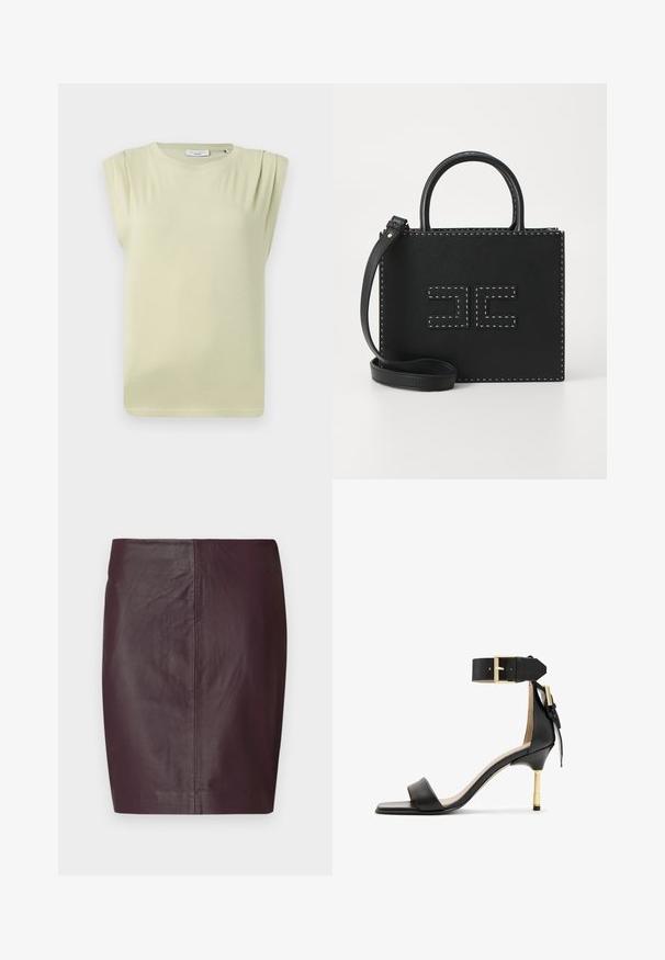 Světle zelený, krátký rukáv, volně střižený top. Obsahuje jemné sklady na ramenou a kulatý výstřih. Měkká, hladká látka.; Tmavě burgundská kožená sukně s hladkou texturou, přiléhavým střihem a rovnou siluetou. Obsahuje minimální švy a žádné viditelné kovové prvky.; Černá kožená sandál s podpatkem, čtveratou špičkou, páskem okolo kotníku se zlatou přezkou a štíhlým kovovým podpatkem. Hladká textura, minimalistický design.; Elisabetta Franchi WOMEN'S BAG - Kabelka - nero