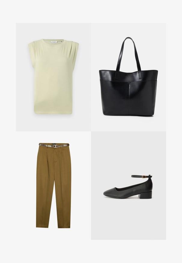 Light green, short-sleeve top with a relaxed fit. Features subtle shoulder pleats and a crew neckline. Soft, smooth fabric.; Brown, tailored trousers with a pleated front and a fitted waistband. Dark brown leather belt included, featuring a round buckle.; Black leather pump with a pointed toe and a low block heel. Features an ankle strap with a gold-tone buckle. Smooth texture.; Black leather tote bag with two long handles, a smooth texture, and a structured shape. Features a front pocket for additional storage.