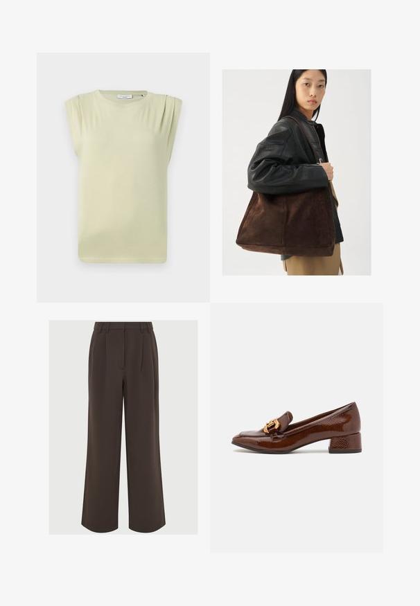 Light green, short-sleeve top with a relaxed fit. Features subtle shoulder pleats and a crew neckline. Soft, smooth fabric.; Brown wide-leg trousers made of smooth fabric. Features pleats at the front and a tailored waistband with belt loops for adjustment.; Brown leather loafers with a glossy finish, featuring a decorative gold buckle on the front and a low block heel. Classic design.; Brown suede tote bag with a wide shape and soft texture, featuring a single strap and minimal hardware against a neutral backdrop.