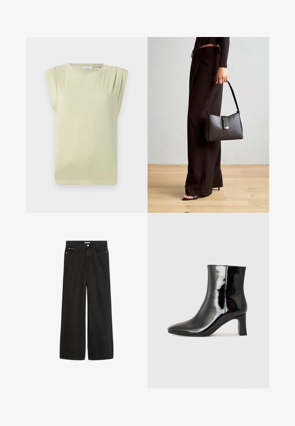 Svetlo zelena, kratka majica s sproščenim krojem. Ima diskretne nabore na ramionih in okroglo izrez. Mehka, gladka tkanina.; Široke črne denim hlače z visokim pasom. Imajo pet žepov, kovinske dodatke in čist zaključek. Njihova tekstura je gladka in mehka.; Črne lakirane gležnjarje z ošiljenim nosom in srednje visokim blokastim peto. Gladka tekstura in minimalističen dizajn.; Črna torbica z strukturirano obliko, gladko teksturo in kovinskim zaponko. Ujemajo se z širokimi črnimi hlačami in odprtimi sandali na lesenem tleh.