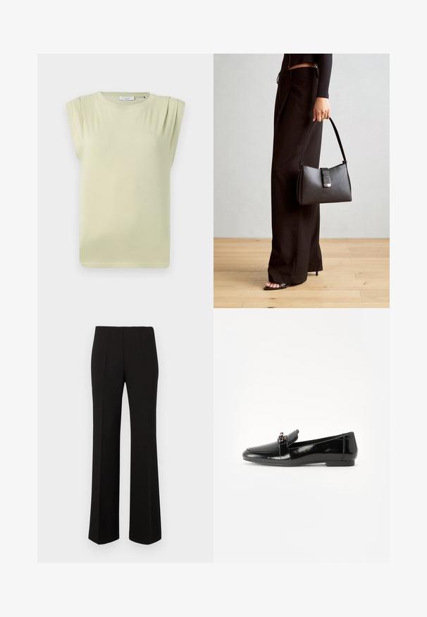 Haut vert clair à manches courtes avec un design décontracté. Présente de légers plis aux épaules et un col rond. Tissu doux et lisse.; Pantalons droits noirs sur mesure avec taille haute et plis devant, présentés sur un fond uni.; Loafer en cuir verni noir avec une semelle plate, un bout arrondi et une sangle décorative agrémentée d'un accent doré. Fini lisse et brillant.; Sac à main noir à la forme structurée, texture lisse et fermoir métallique. Associé à un pantalon noir ample et des sandales ouvertes sur un sol en bois.