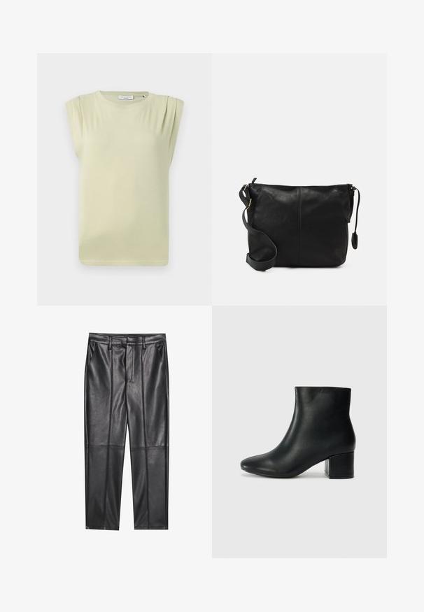 Top verde claro, de mangas curtas e com um corte descontraído. Apresenta pleats subtis nos ombros e um decote arredondado. Tecido suave e liso.; Calças de pele preta com uma textura suave, apresentando um ajuste reto, dois bolsos frontais e detalhes de costura visíveis.; Botas de tornozelo em pele preta com bico pontiagudo e um salto robusto. Textura suave com acentos mínimos e um design ajustado e elegante.; Mala de ombro em couro preto com forma plana, detalhes em metal dourado e alça ajustável. Textura suave com detalhes de costura mínimos.