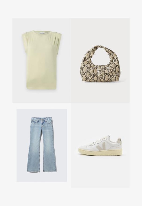 Top verde claro de manga corta con un corte relajado. Presenta sutiles pliegues en los hombros y un escote redondo. Tejido suave y liso.; Weekday NOVA - Vaqueros slim fit - lip blue; Zapatilla de piel blanca con acentos de ante beige, caja de puntera perforada, cordones planos y suela texturizada en color crema. Cuenta con un branding sutil en el talón.; Bolso de mano con estampado de serpiente y asa curvada. Hecho de materiales texturizados en tonos beige y marrón, con un patrónen diamante distintivo.
