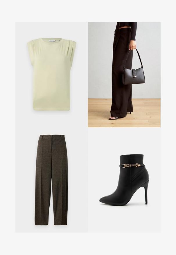 Helles grünes, kurzärmliges Oberteil mit lockerer Passform. Verfügt über dezente Schulterfalten und einen Rundhalskragen. Weicher, glatter Stoff.; Braune weit geschnittene Hose aus strukturiertem Stoff, mit einem taillierten Bund, Gürtelschlaufen und zwei vorderen Taschen.; Schwarze Lederstiefelette mit spitzer Zehe, Stiletto-Absatz und einem goldenen Schnallenakzent an einem Riemen um den Knöchel. Glatte Textur.; Schwarze Handtasche mit strukturierter Form, glatter Textur und einem metallischen Verschluss. Kombiniert mit weiten schwarzen Hosen und offenen Sandalen auf einem Holzboden.