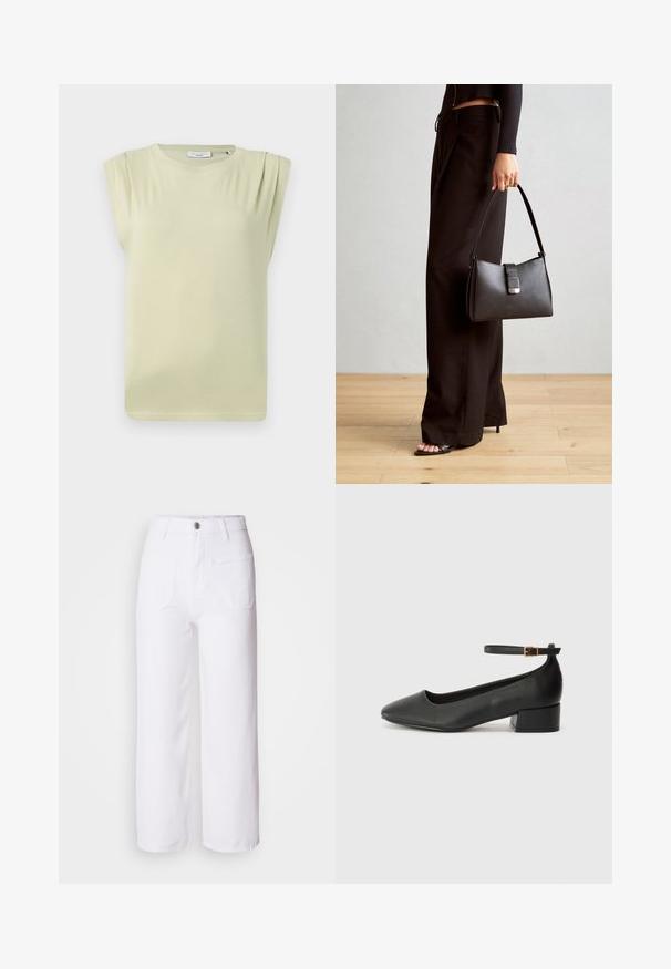 Világos zöld, rövid ujjú felső, laza szabású. Finom vállredők és kerek nyakkivágás jellemzi. Puha, sima anyag.; Fehér farmer széles szárú nadrág gombos záródással, övbújtatókkal, két elülső zsebbel és egy hátsó zsebbel. Tartós és texturált anyag.; Fekete bőr magassarkú cipő hegyes orral és alacsony tömb sarkal. Bokapánttal rendelkezik, aranyszínű csattal. Simább textúra.; Fekete kézi táska strukturált formával, sima textúrával és fémből készült záródással. Széles fekete nadrággal és nyitott orrú szandállal párosítva, fából készült padlón.