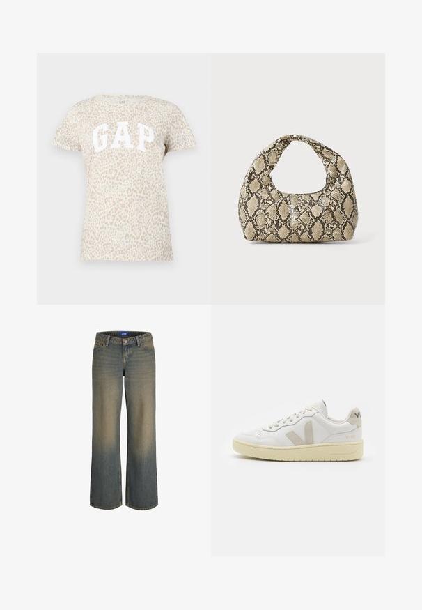 Béžové tričko s potiskem leopardího vzoru a velkým bílým logem "GAP" na přední straně. Krátké rukávy a kulatý výstřih.; Bílá halenka s dlouhým rukávem a volánkovým výstřihem, s plisovaným předním detailem a elastickými manžetami. Měkká tkanina s mírně strukturovaným povrchem.; Široké modré denimové džíny s gradientem od světlé k tmavé, designem s pěti kapsami a zapínáním na knoflíky. Šití podél okrajů.; Bílé kožené tenisky s béžovými semišovými akcenty, perforovanou špičkou, plochými tkaničkami a strukturovanou krémovou podešví. Obsahují jemné logo na patě.; Kabelka s hadím vzorem a zakřiveným držadlem. Vyrobena z texturovaných béžových a hnědých materiálů, s charakteristickým diamantovým vzorem.