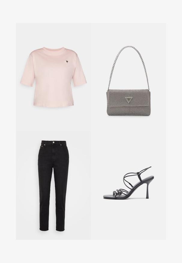 Light pink cotton T-shirt with a round neck, short sleeves, and a small triangular logo accent on the left chest.; Black high-waist slim-fit jeans with front button, belt loops, and five-pocket design on white background.; Black high-heeled sandals feature thin straps with a knotted design, a smooth square toe, and a sleek stiletto heel.; Light gray metallic handbag featuring a chain strap, embellished with small circular metallic studs and a triangular brand logo.; Silver hoop earrings with a smooth, shiny finish. Rounded shape, lightweight design, featuring a post-back closure.